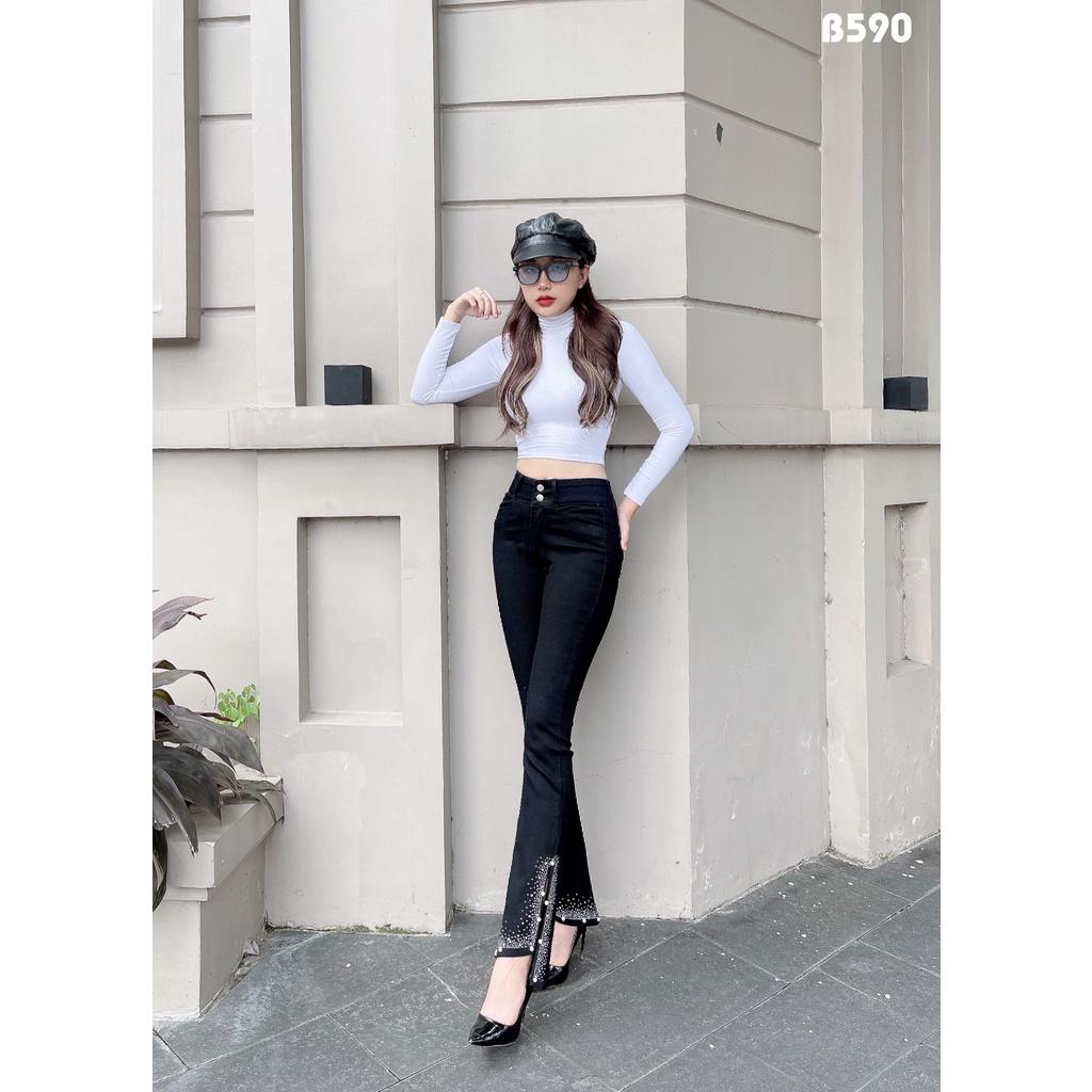 Quần Jeans Nữ Ống Loe Dài Xẻ Đính Đá Màu Đen Lưng Cao Co Giãn Đẹp Store 257