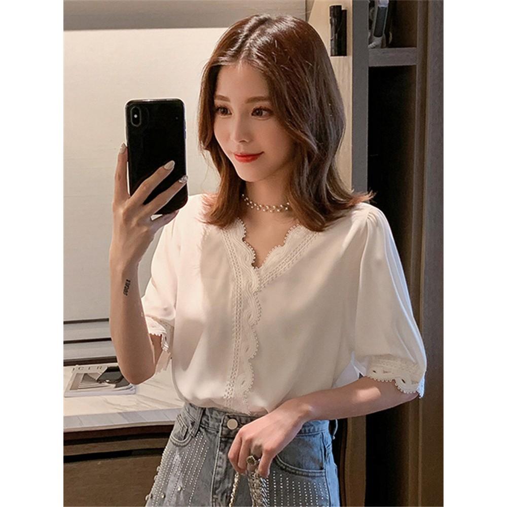 Áo kiểu nữ màu trắng cổ phối ren độc đáo tay lỡ, Áo nữ kiểu sơ mi ulzzang C12 - Maoshop