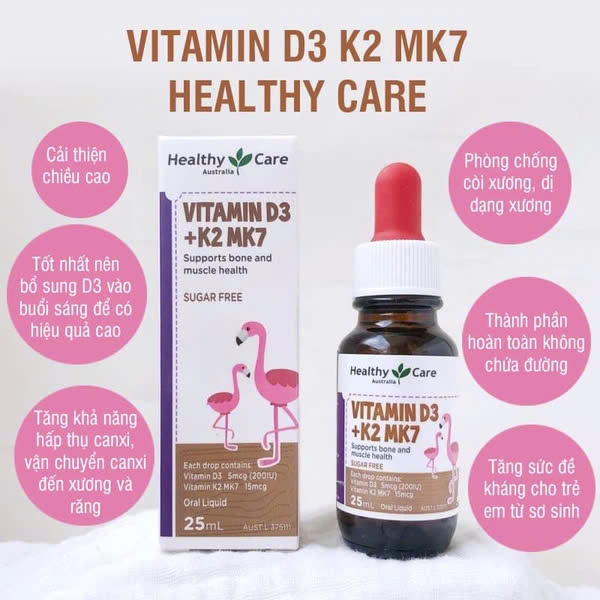 Siro hỗ trợ tăng chiều cao Vitamin D3 + K2 Mk7 Healthy Care cho bé, 25ml