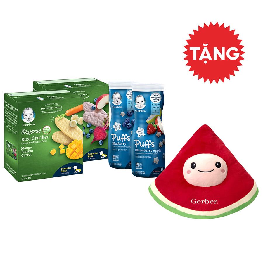 Combo 4 (Gerber Rice Cracker Táo Việt Quất Củ Cải Đỏ + Gerber Rice Cracker Chuối Xoài Cà Rốt + Gerber Dâu Táo + Gerber Việt Quất) - Tặng Gối Ôm Dưa Hấu