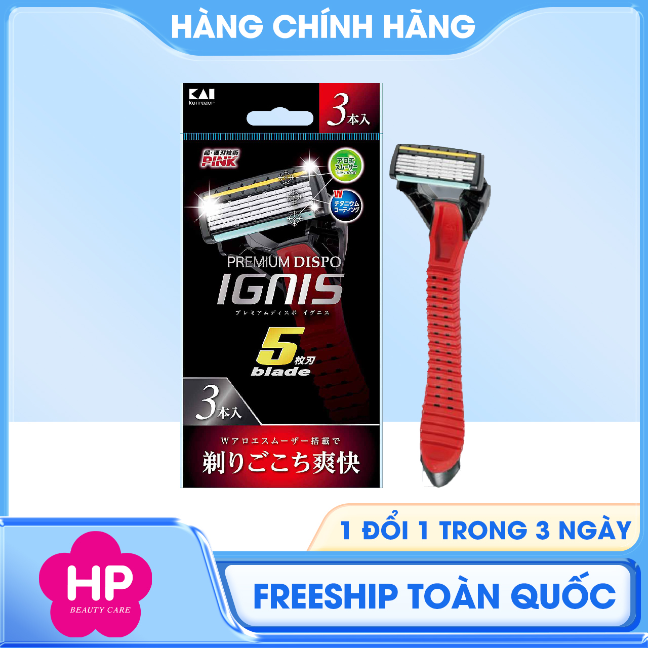 Dao Cạo Râu Thân Nhựa 5 Lưỡi Kép Kai Ignix Travel 00638-GA0017X4 Set 3 cây