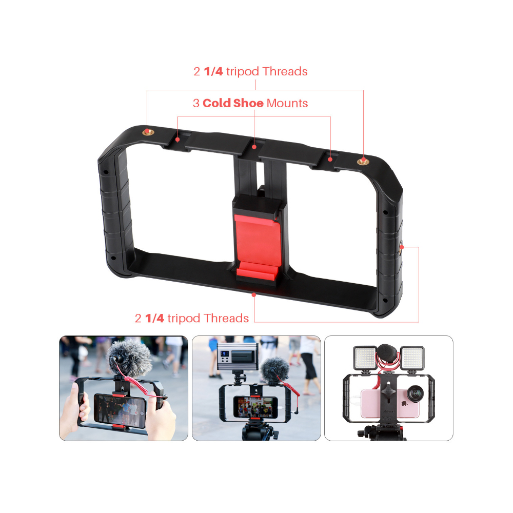 Phụ Kiện Quay Phim | Smartphone Video Rig/Grip, Dụng Cụ Hỗ Trợ Quay Trên Điện Thoại, Phiên Bản Mới, 3 Chân Đế Ẩn Có Thể Tích Hợp Thêm Micro, Đèn Led Trợ Sáng - Hàng Chính Hãng