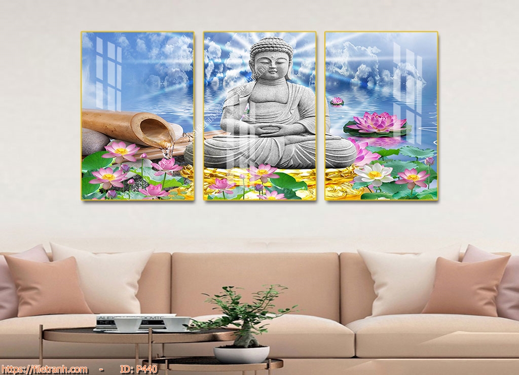 Bộ 3 Tranh Tráng Gương Phật Giáo, Phật Thích Ca, Phật Di lạc, Quán Thế Âm Bồ Tát, Tam Thế Phật Treo Tường Cao Cấp