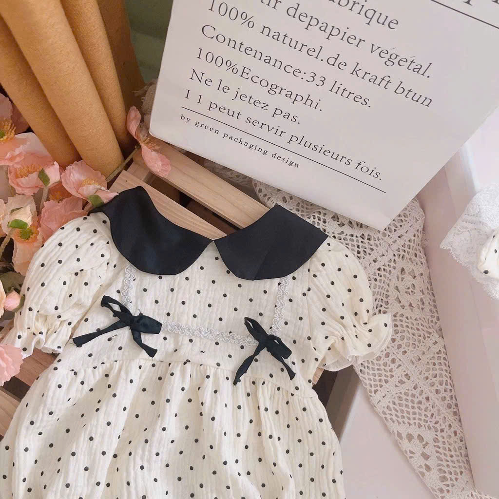 SET ĐỒ LIỀN THÂN BODY CHẤM BI CỔ SEN ĐÍNH NƠ BODYSUIT BÉ GÁI SƠ SINH 1 2 TUỔI
