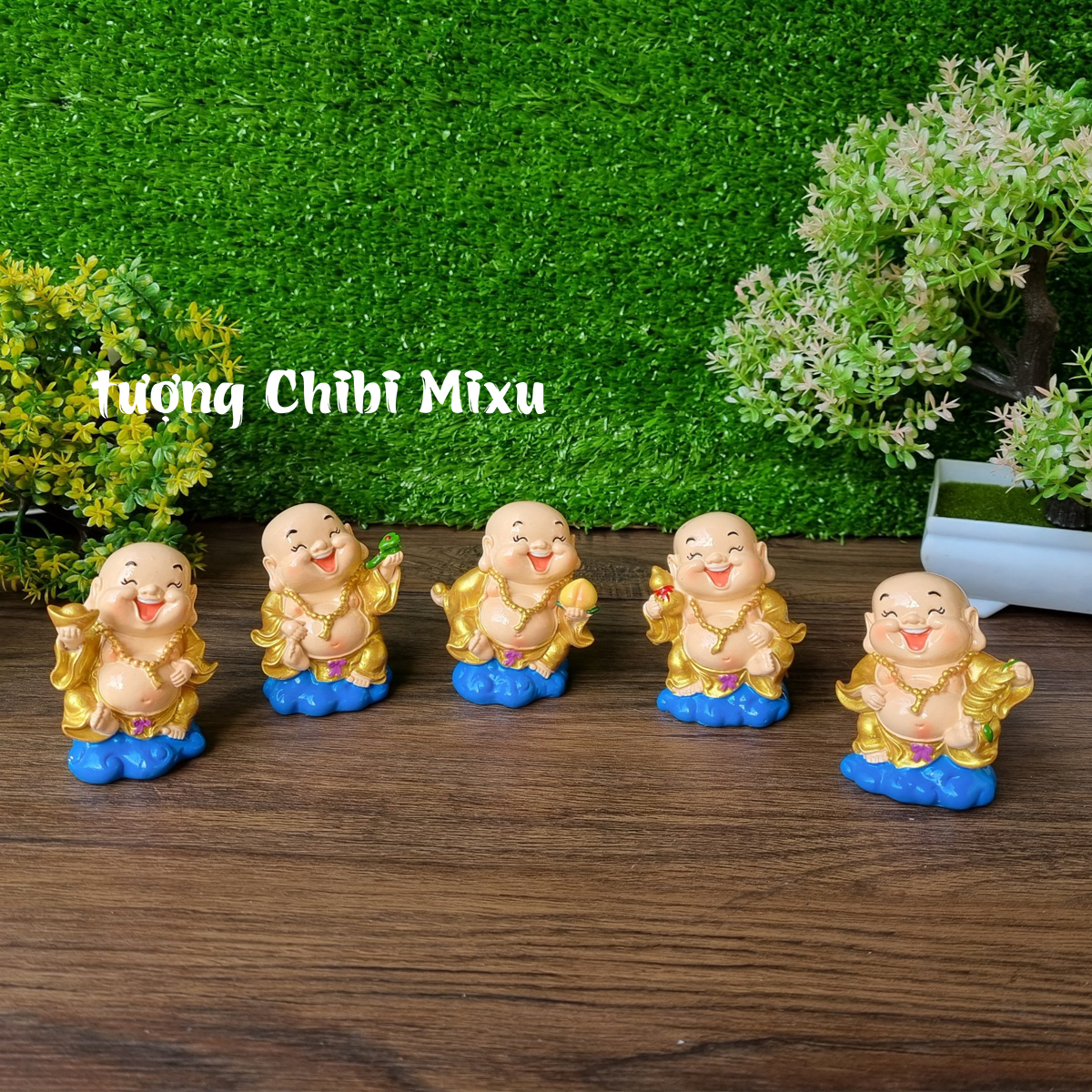 Bộ 05 tượng Di Lặc 7cm nhũ vàng kèm chân đế Tài Lộc Phát