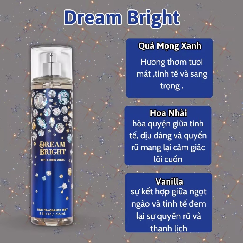 Body Mist Bath And Body Works Nam Nữ Chính Hãng Dream Bright, Xịt Thơm Body Toàn Thân Hương Nước Hoa 236ml