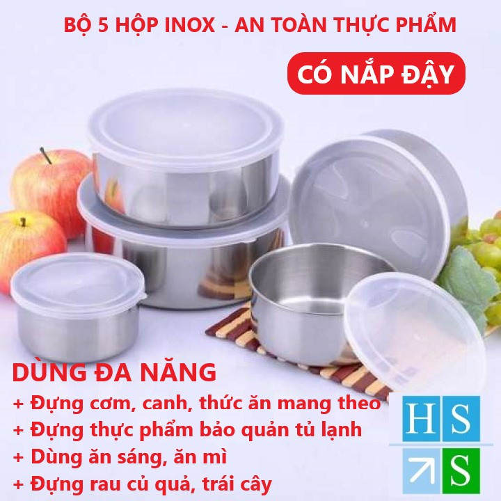 Bộ Thố inox 5 cái dùng đa năng có nắp đậy tiện dụng