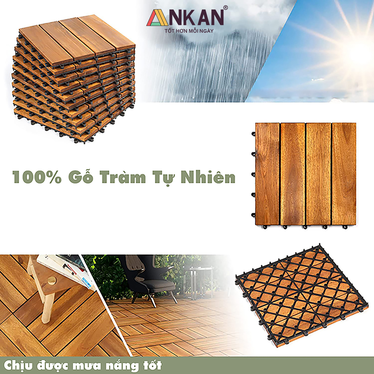 Vỉ Gỗ Lót Sàn Ban Công Cao Cấp 4 Nan – Chống Thấm, Bền Bỉ, Màu Vàng Sang Trọng