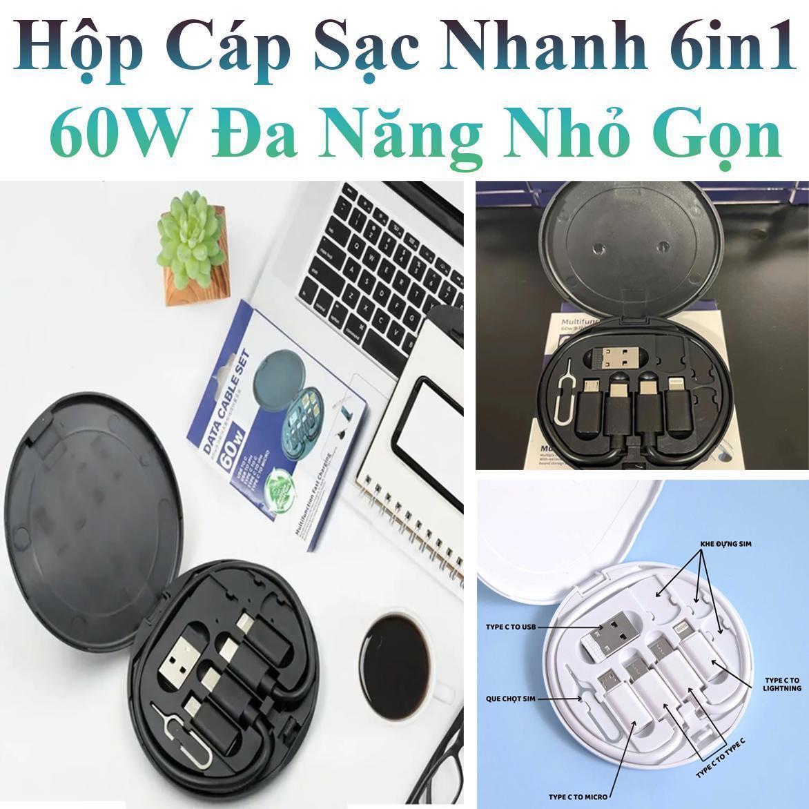 Hộp Cáp Sạc Nhanh 6In1 60W Đa Năng Nhỏ Gọn Tích Hợp 4 Đầu Sạc Rời
