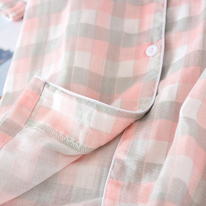 Bộ pyjama nữ mặc nhà, mặc ngủ dáng ngắn chất vải xô mềm mát họa tiết kẻ caro