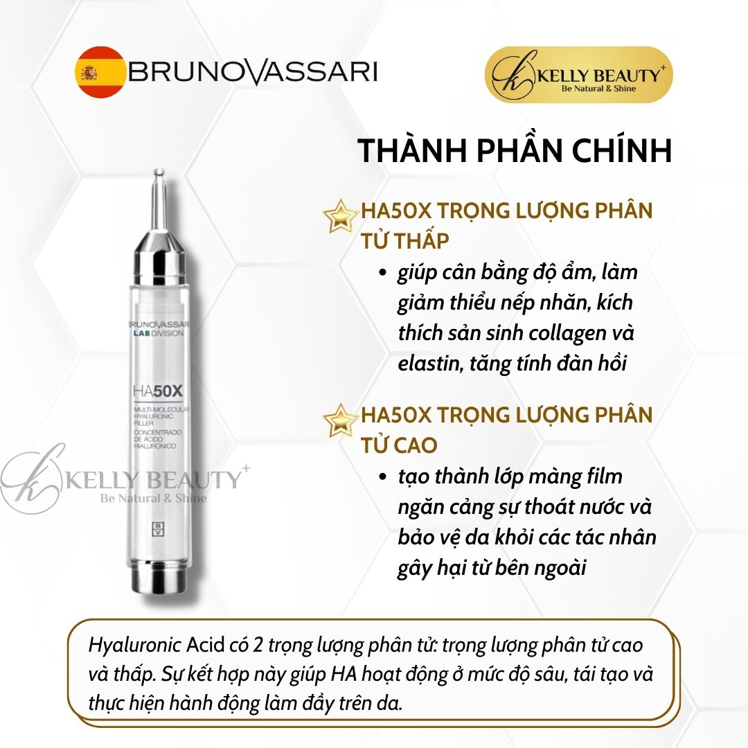 Huyết Thanh HA Siêu Cấp Ẩm Bruno Vassari HA50X Hyaluronic Multi Molecular Filler - Cấp Ẩm Đa Tầng, Săn Da - Kelly Beauty