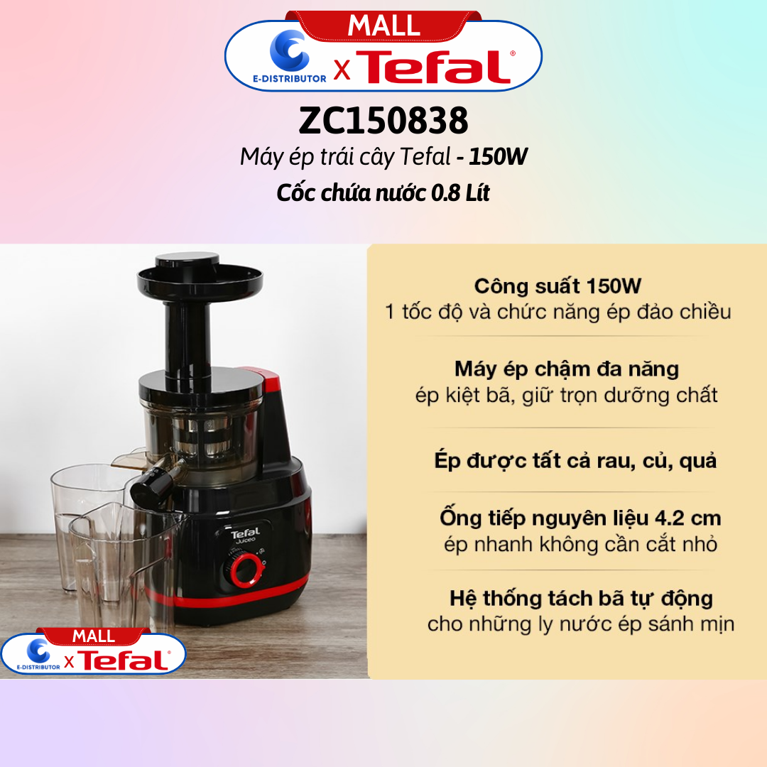 Máy ép trái cây Tefal ZC150838 - Hàng Chính Hãng - Công suất:  150W- Tốc độ:  1 tốc độ , có xoay đảo chiều