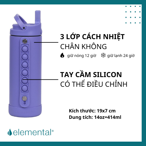 [Hàng chính hãng_Thương hiệu Mỹ] Bình giữ nhiệt elemental Pop màu tím 414ml, inox 304, giữ nhiệt tốt, FDA Hoa Kì, bình đa năng có kèm ống hút cho bé đi học Chờ duyệt