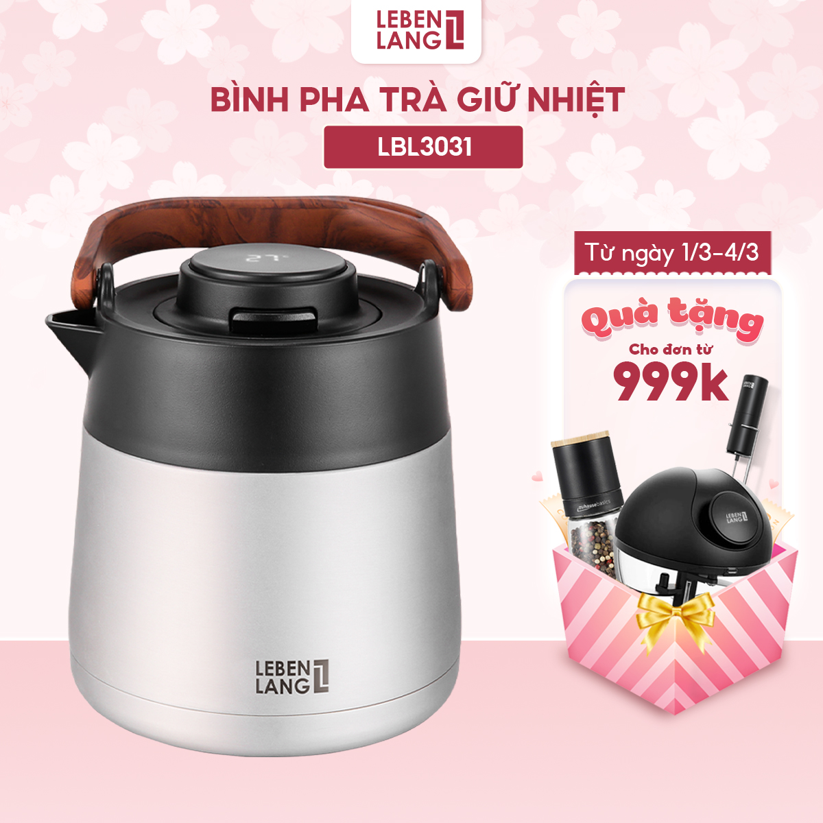 Bình pha trà giữ nhiệt inox có lõi lọc trà Lebenlang LBL3031 và LBL3035, 1L và 1L5 - hàng chính hãng