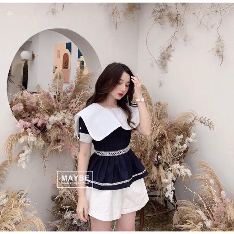 Áo peplum xanh phối trắng tiểu thư sang chảnh có size