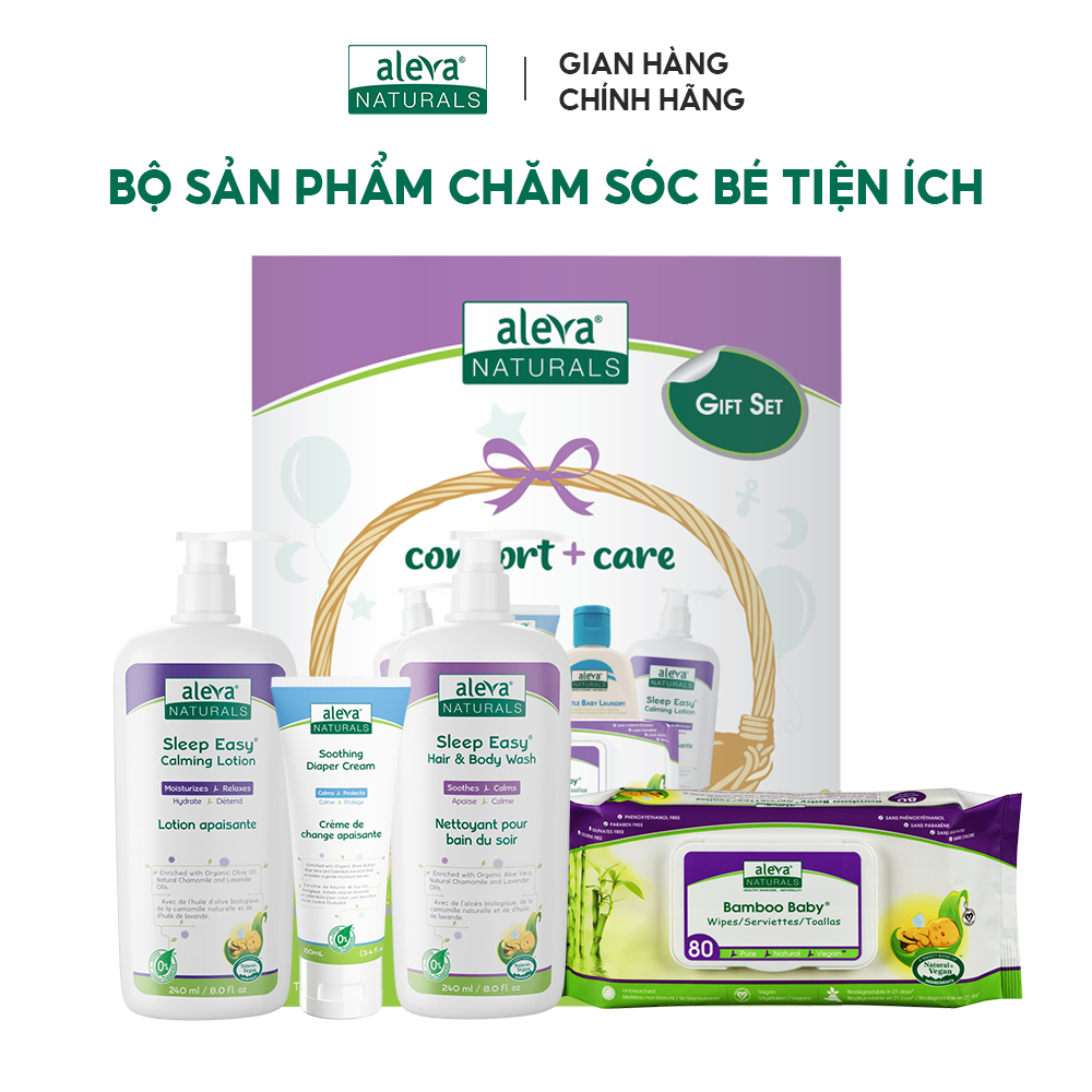 Combo tắm gội, dưỡng ẩm, làm mịn da giúp bé ngủ ngon Aleva Naturals (set 04 sản phẩm)