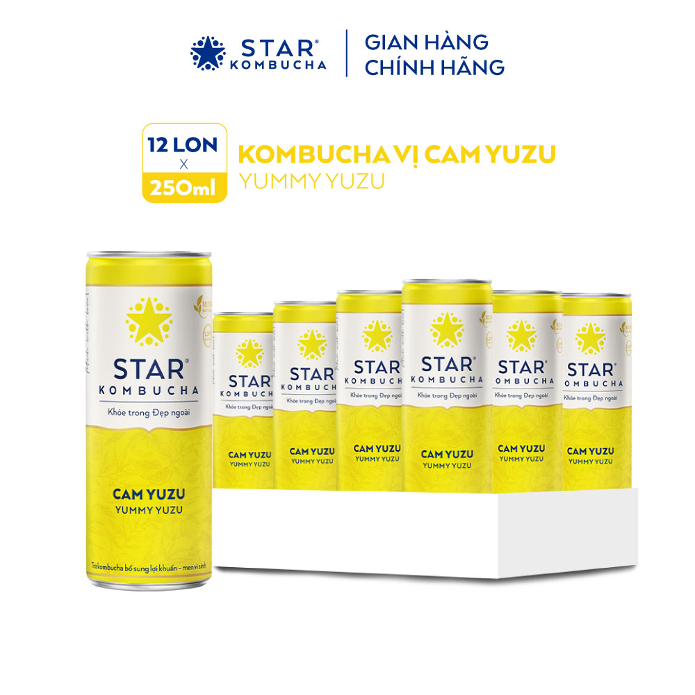 Thùng 12 lon Star Kombucha vị Cam Yuzu/Yummy Yuzu (250ml/lon) - Trà lên men vi sinh chứa probiotics bảo vệ sức khoẻ
