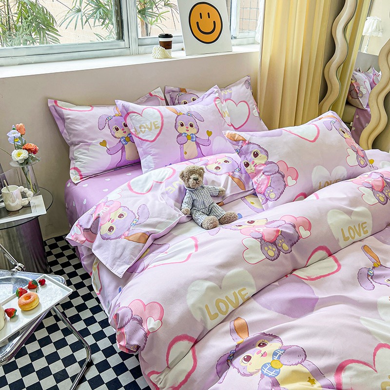 Bộ chăn ga gối poly new : thỏ tim tím 4 món Polycotton