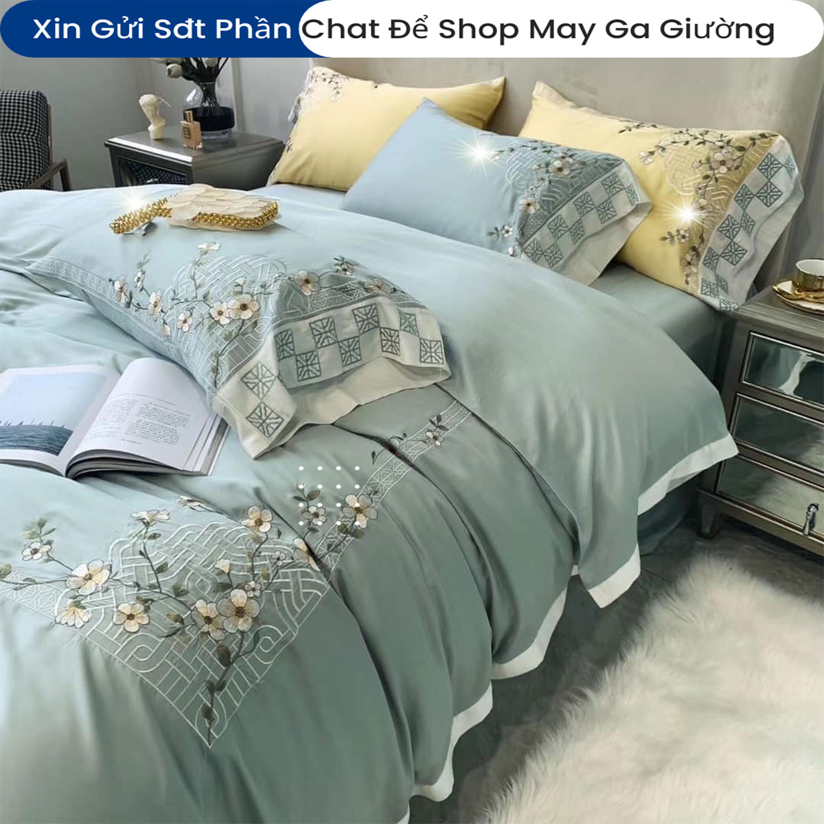 Bộ Chăn Ga Gối Đệm Lụa Tencel 100s Thêu Hoa 5 Món ANNA NGUYÊN Cao Cấp Chăn Chần Bông Lụa Mềm