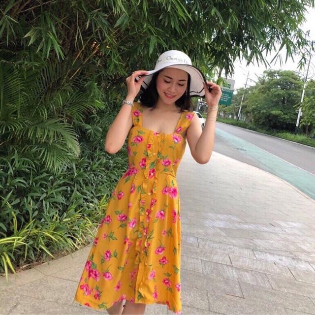 Đầm Hoa 2 Dây Bản To Cài Cúc Nhún Bèo - Hàng Đẹp