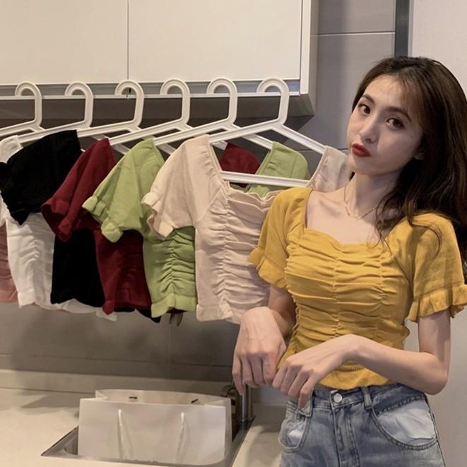 Áo Thun Dệt Kim Tay Ngắn Cổ Vuông Màu Trơn Xinh Xắn Cho Nữ