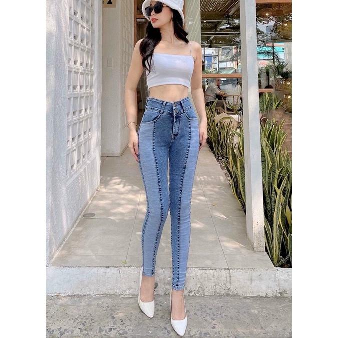 Quần jean Nữ Ghép Thân 2 Màu Lưng CAo Vải Mềm Co Giãn