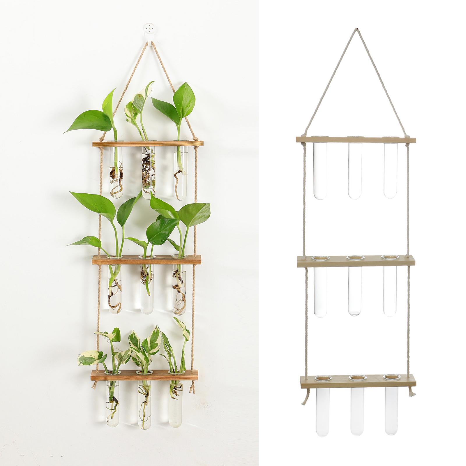 Wall Hanging Planter Flower Bud Vase Glass Terrarium Wooden Stand Test Tube Vase for Propagating Hydroponic Plants Home Garden Wedding Decoration