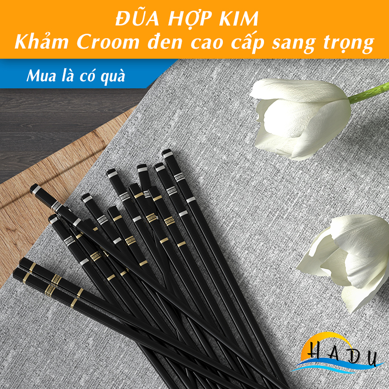 [10 Đôi] Đũa Ăn Cơm Cao Cấp Kiểu Nhật Bản Kháng Khuẩn Sợi Thủy Tinh Khảm Crôm Đen Sang Trọng HADU