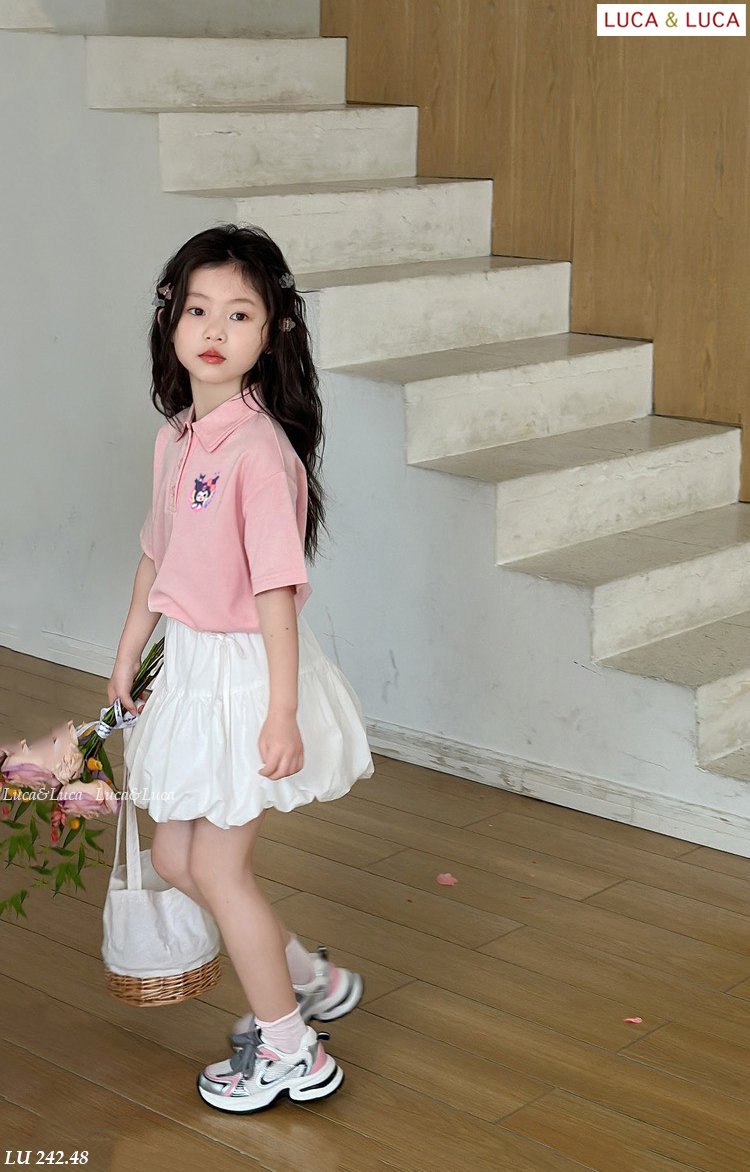 [Từ 1 đến 12 tuổi] Sét áo polo cotton hồng in  mix chân váy boom chất cotton bé gái đến 45kg