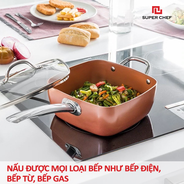 Nồi Chống Dính Ceramic Vuông  Cán Dài Super Chef Cao Cấp Siêu Bền Bỉ Không Bong Tróc, Chống Ăn Mòn, Đảm Bảo An Toàn Sức Khỏe Kèm Nắp Kính ( Size 20, 24cm