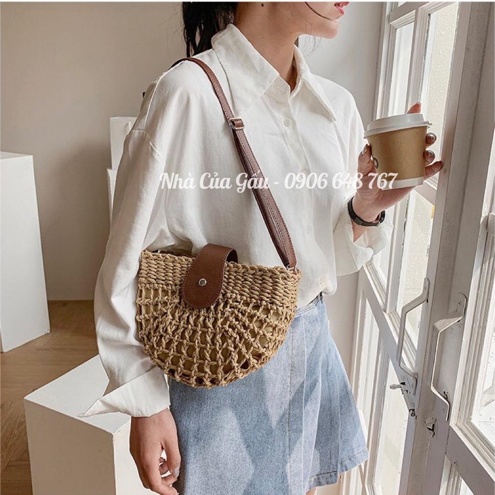 Túi cói khóa da vintage đi chơi, đi biển cực xinh