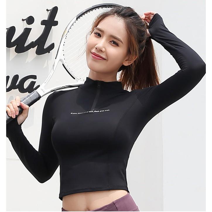 áo croptop tay dài nữ tập gym, thể thao, yoga, zumba, aerobic ôm body có dây kéo Evasport