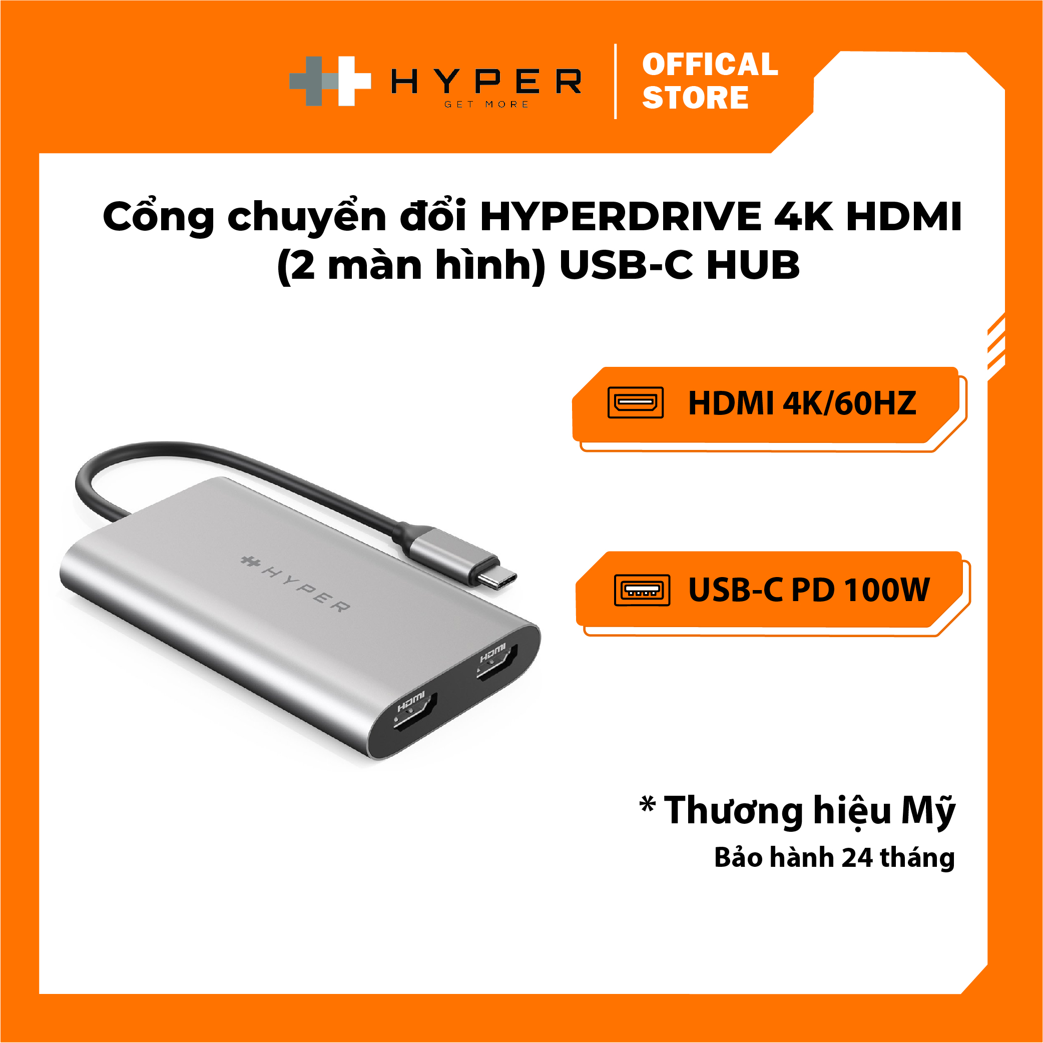 CỔNG CHUYỂN HYPERDRIVE DUAL 4K HDMI USB-C HUB FOR MACBOOK M1 HDM1 - HÀNG CHÍNH HÃNG