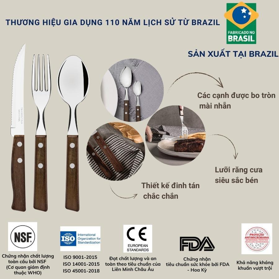 Bộ Dao Thìa Dĩa Tramontina 3 Món Lưỡi Thép Không Gỉ Cán Gỗ Đen Tự Nhiên Nhập Khẩu Brazil