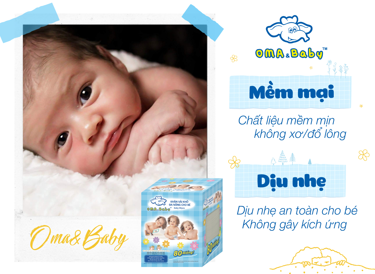 Khăn vải khô đa năng cho bé Oma Baby ( 1 Hộp/ 80 Miếng) - Oma &amp; Baby Premium Baby Dry Multi-Functional Cloths ( 80 cloths per box)