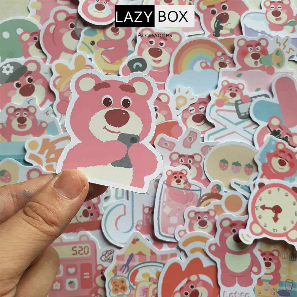 Sticker hình dán Gấu dâu lotso tông màu pastel dễ thương cute, pastel trang trí mũ bảo hiểm, dán Laptop, journal, sổ tay