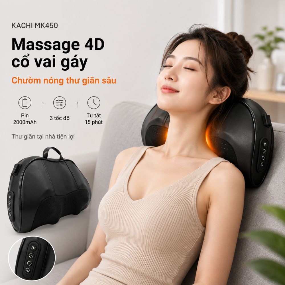 Gối Massage Cổ Vai Gáy Kachi MK450 – Công Nghệ Massage 4D Chườm Nóng - hàng chính hãng