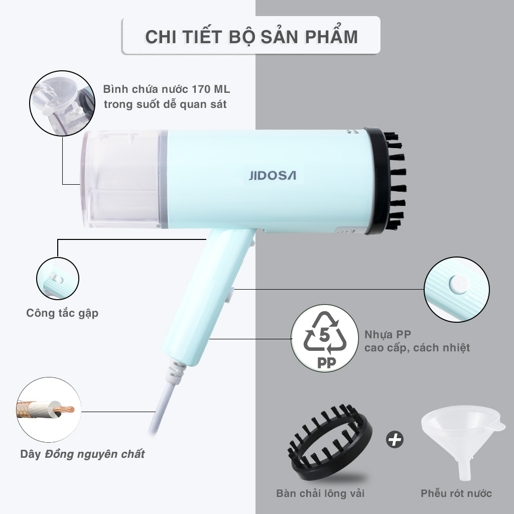 Bàn Là Hơi Nước JIDOSA JD4350 Cầm Tay Gấp Gọn Công Suất 800W , Bàn Ủi Mini Bình Nước Lớn 170ml hàng chính hãng
