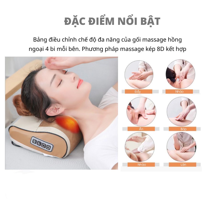 Gối Massage Hồng Ngoại 16 Bi Nhật Bản Thông Minh Đa Năng Cao Cấp, Mát Xa Cổ, Lưng, Vai Gáy, Giảm Đau Nhức Hiệu Quả