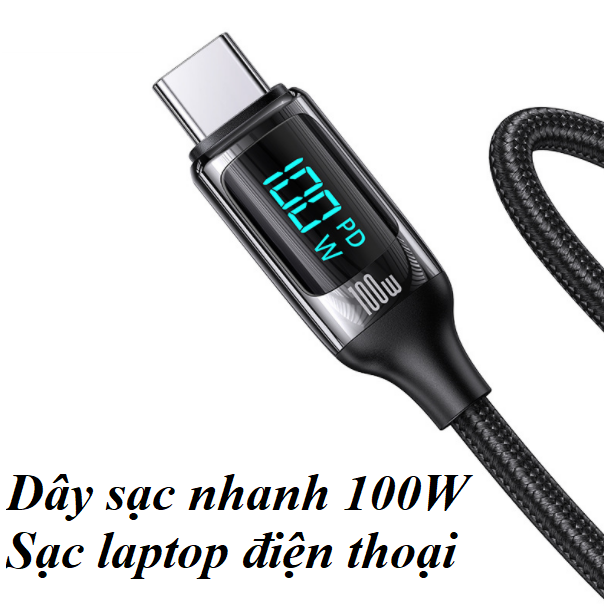 Cáp sạc nhanh C to C 100W  hiển thị công suất sạc (100W, 480Mbps, LED indicator, E-marker chip, QC/PD Quick charge cable )