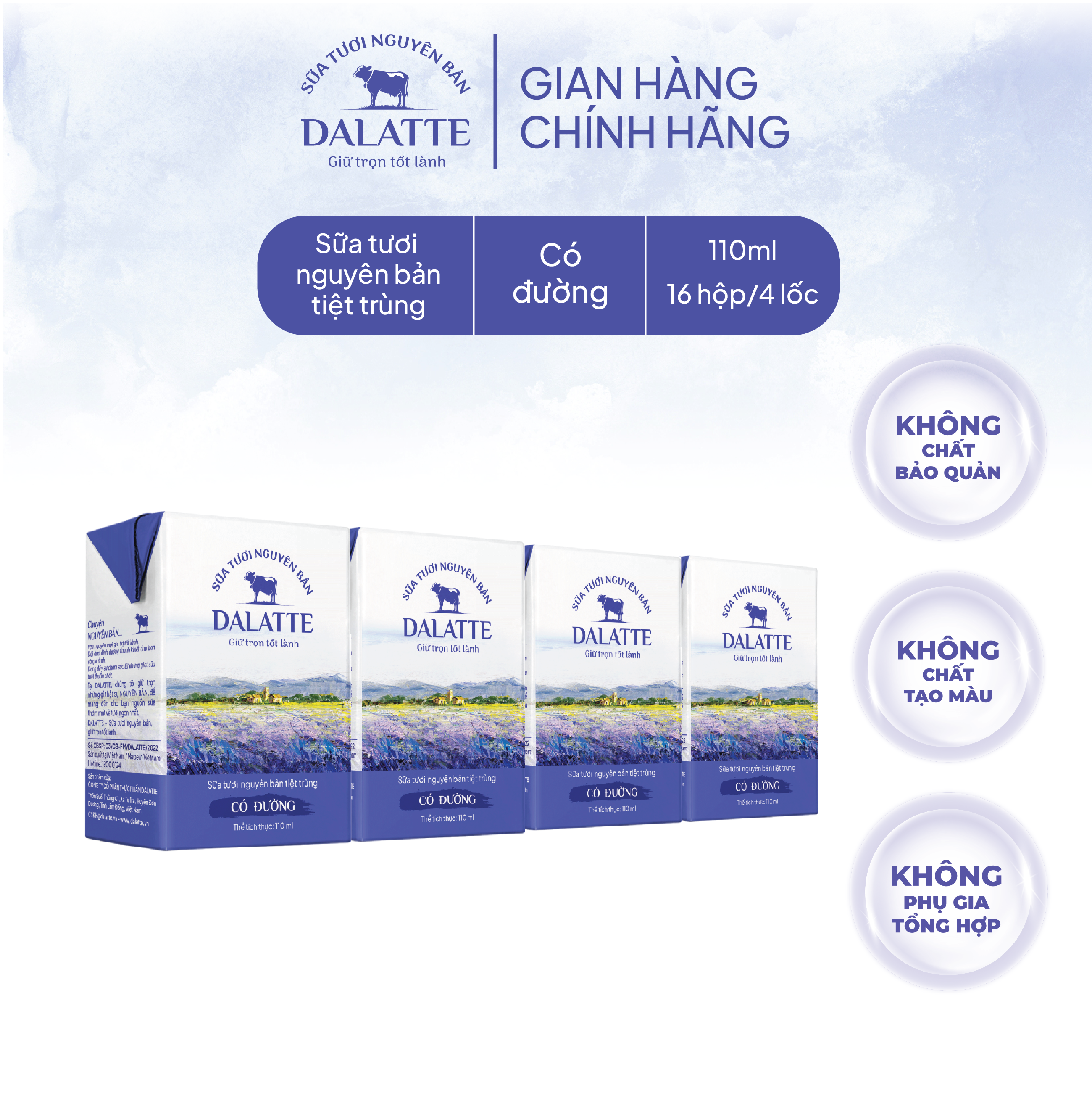 Combo 4 Lốc (16 hộp) - DALATTE 110ml SỮA TƯƠI NGUYÊN BẢN tiệt trùng - Có đường - Giữ trọn nguyên bản, trao trọn tốt lành