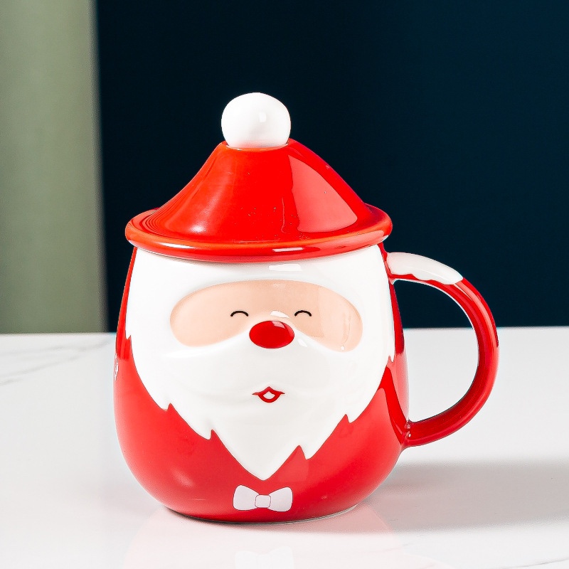 Ly sứ Ông Già Noel kèm muỗng inox, nắp sứ 400ml (Hoạ tiết giao ngẫu nhiên)