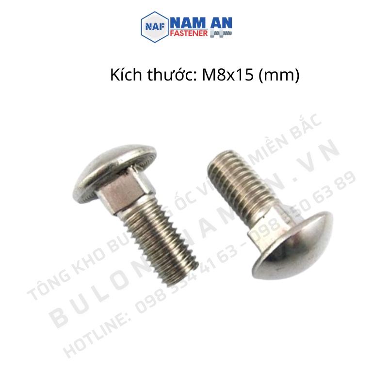 50 con Bu lông đầu tròn cổ vuông inox 304 M8x15 (mm), bulong inox, bu lông cổ vuông chất liệu Inox 304