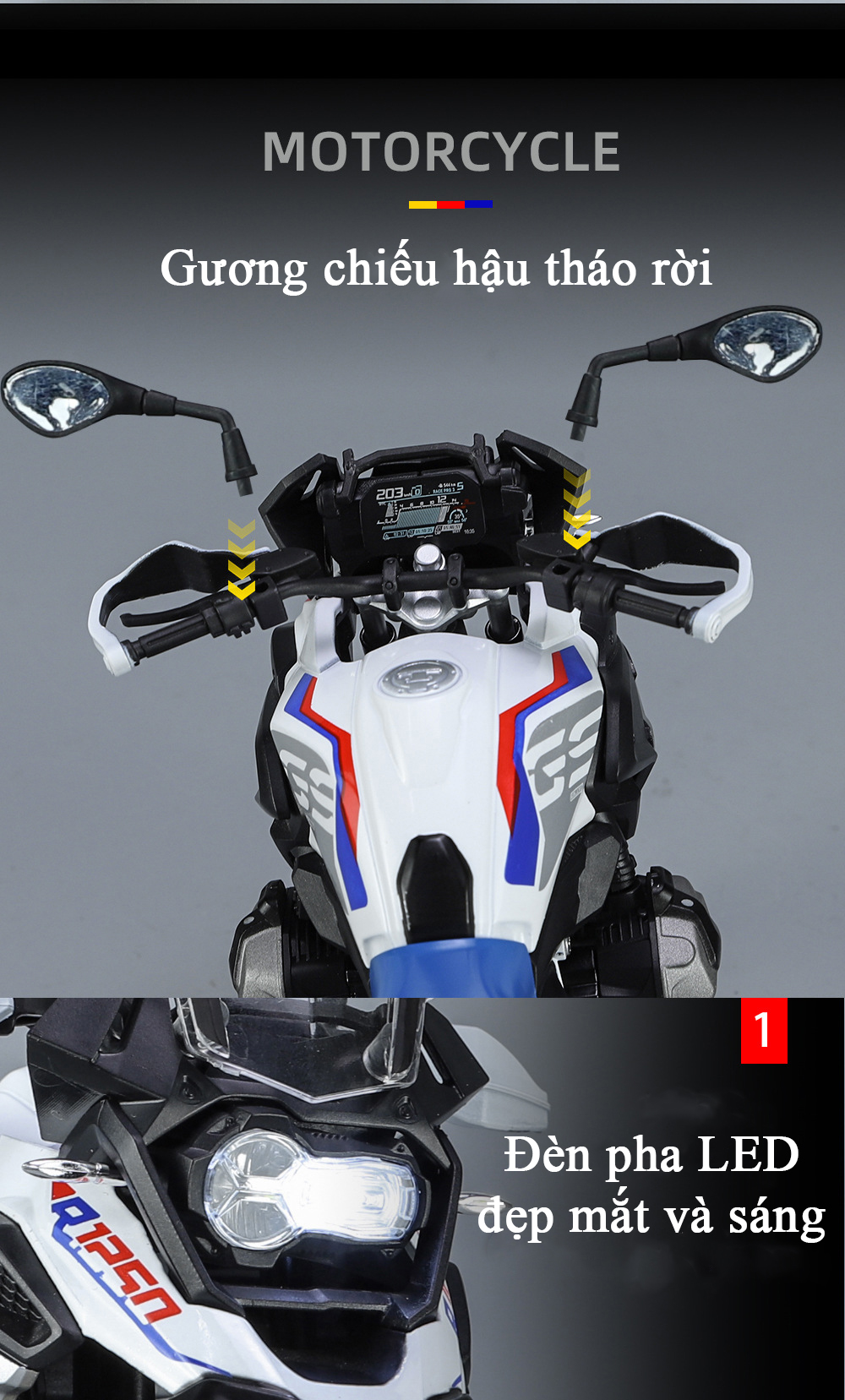 Mô hình xe mô tô BMW R1250GS tỷ lệ 1:9 có nhạc và đèn bằng hợp kim kèm 3 thùng capo