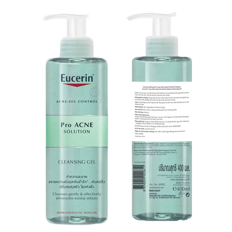 Eucerin Pro ACNE Solution Cleansing Gel: Gel Rửa Mặt Da Mụn (400 ml)