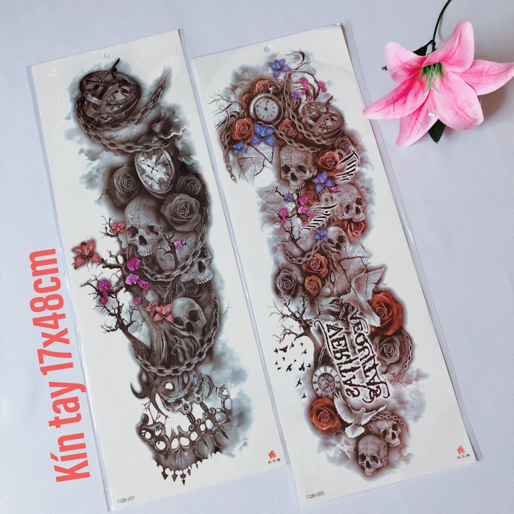 Combo 2 tấm hình xăm dán đầu lâu và chữ kín tay 17x48cm- mua 2 combo tặng bắp tay xinh