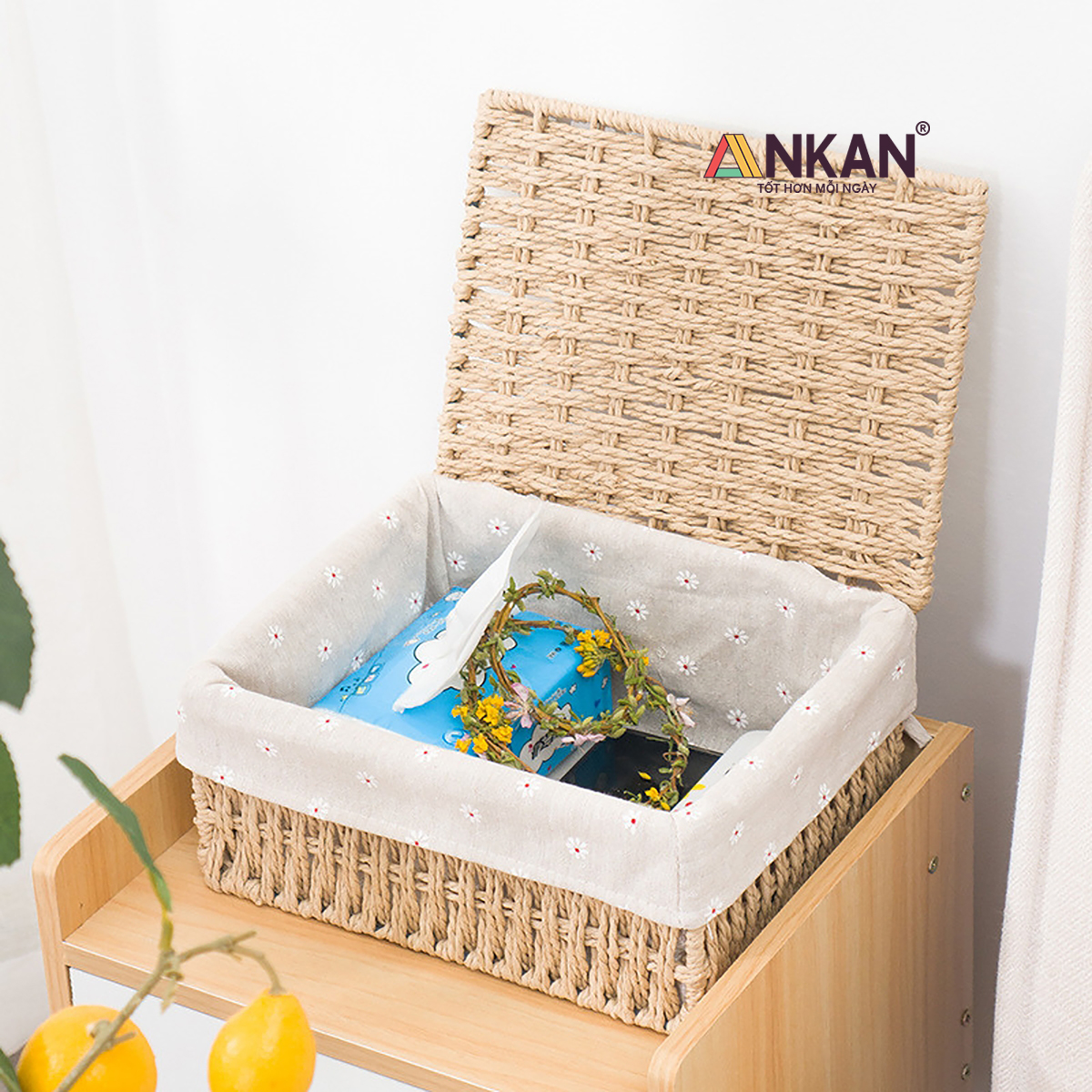 Giỏ Đựng Mỹ Phẩm Có Nắp ANKAN Dùng Để Bàn, Đựng Đồ Mini, Sắp Xếp Đồ Đạc Gọn Gàng, Ngăn Nắp