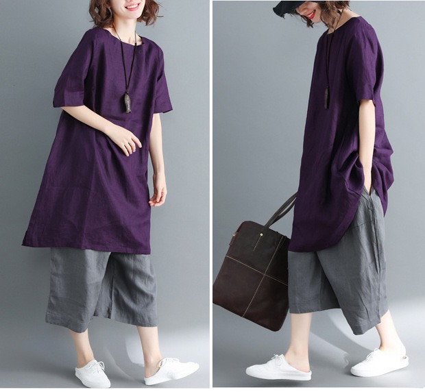 Đầm suông linen cổ tròn tay lỡ Basic, thời trang hè thu 2021