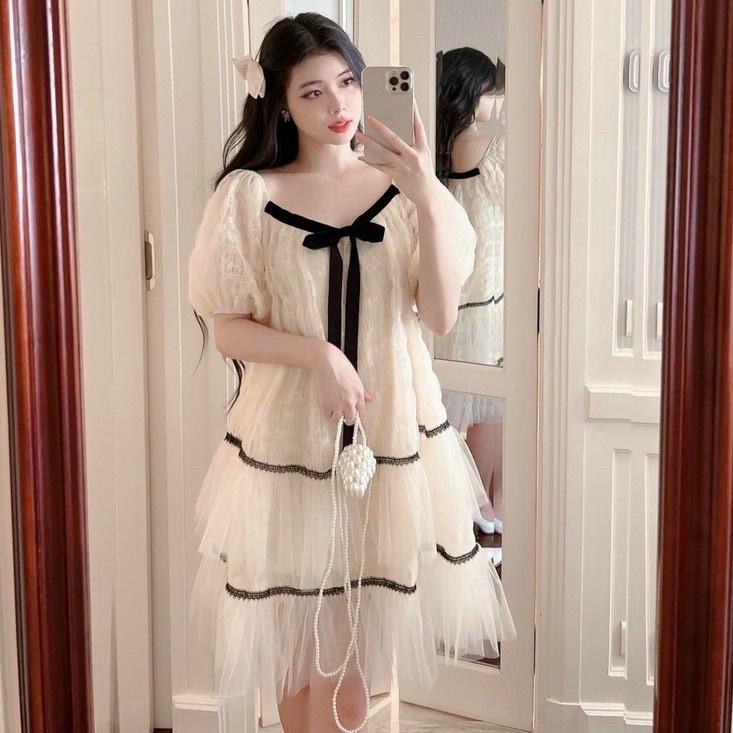 Đầm ren suông babydoll phối viền đen cột nơ xinh xắn