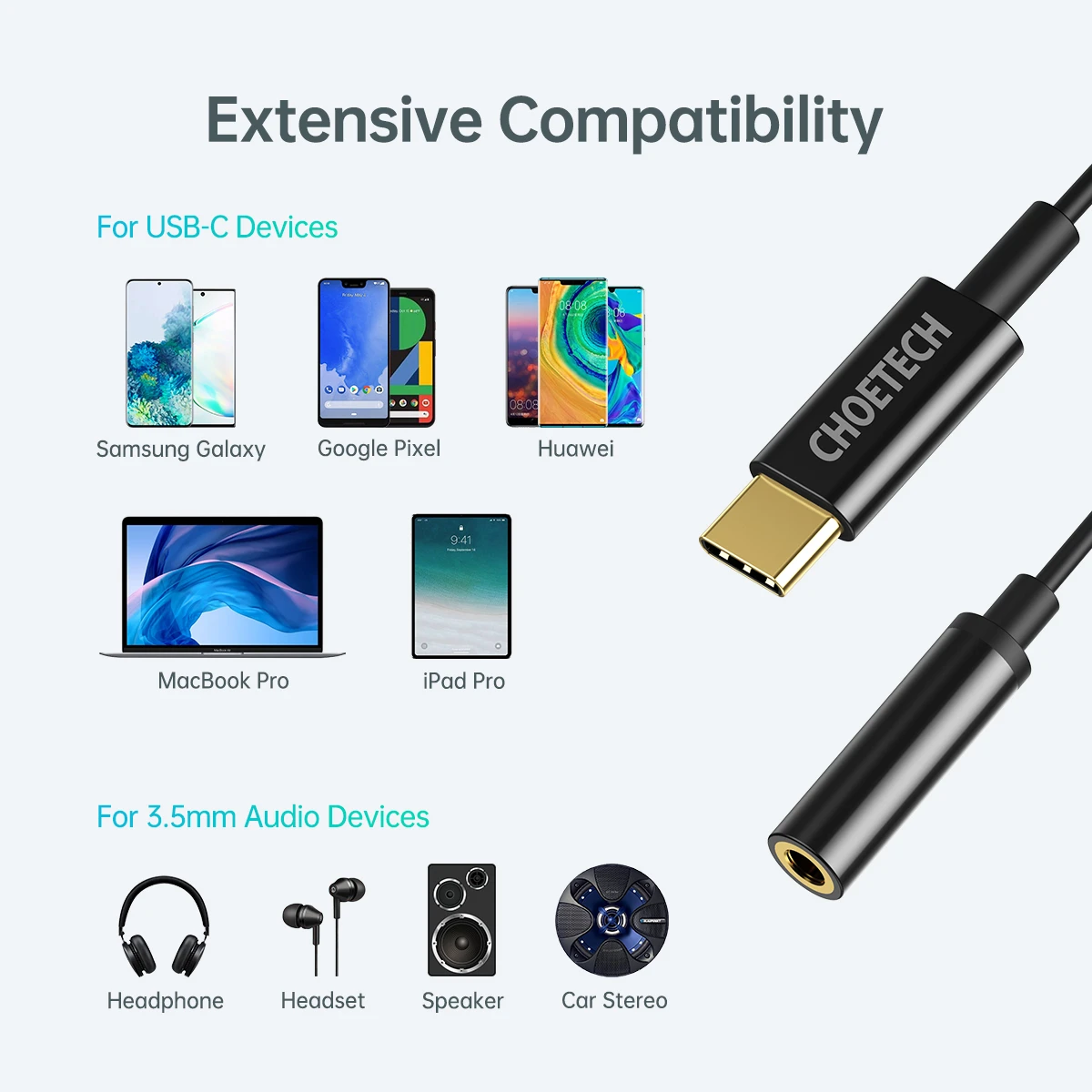 Đầu chuyển adapter Type-C sang jack tai nghe Audio 3.5mm hiệu CHOETECH AUX003 hỗ trợ Macbook Pro, iPad Pro, samsung, huawei, google pixel trang bị chip điều khiển thông minh, chuẩn âm thanh Hifi - hàng chính hãng